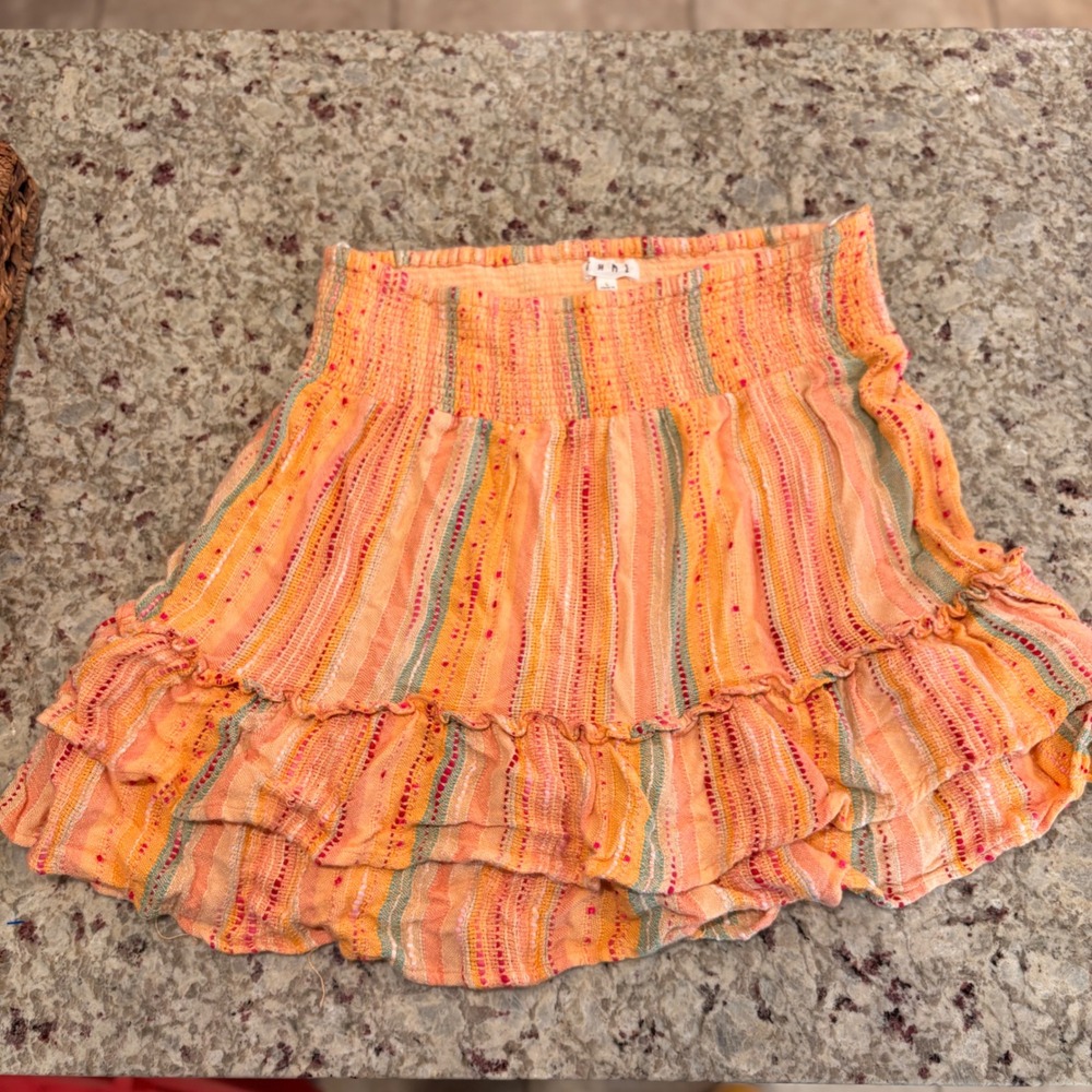 THML Ruffle Mini Skirt L Boho Festival Textured Woven Smocked Tiered Coral